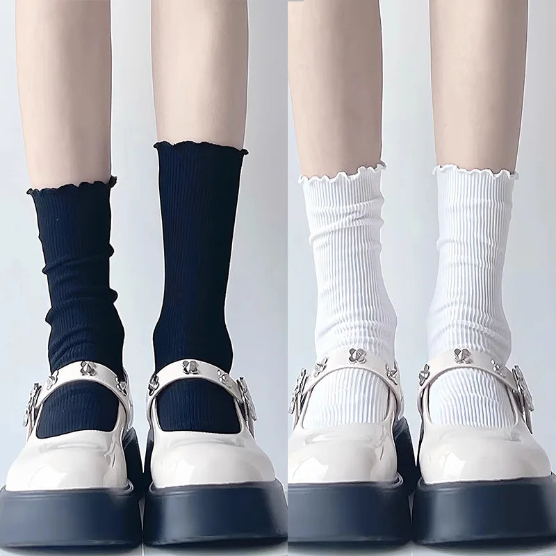 Fashion New Ruffle Socks for Women Mid Crew Middles Tube Ankle High Breathable Cotton Socks Black White Beige Female Cute Sock