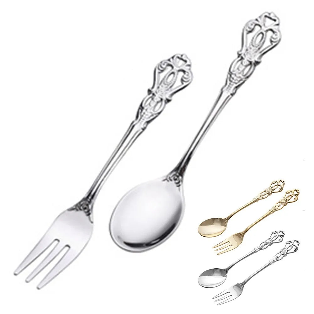 1 Pair Vintage Gold Spoon Fork Cutlery Set Stainless Steel Luxury Dessert Spoon Outdoor Tableware Camping Cooking Supplies