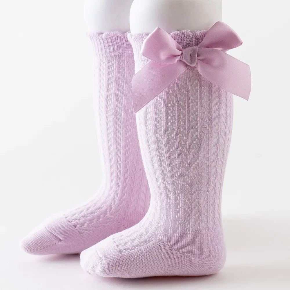 Simmer Spring Mesh Thin Cotton Korean Bow White Stockings Baby Princess Knee High Long Socks with Lace Ruffles for Newborn Girls
