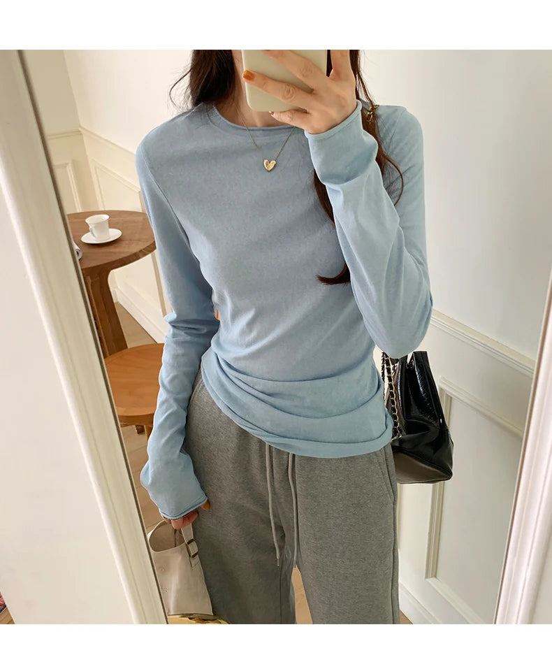 2025 Spring Autumn T shirt Women Tops Solid Slim Fit Long Sleeve O Neck Tshirts Female Casual Streetwear High Quality Base Tees