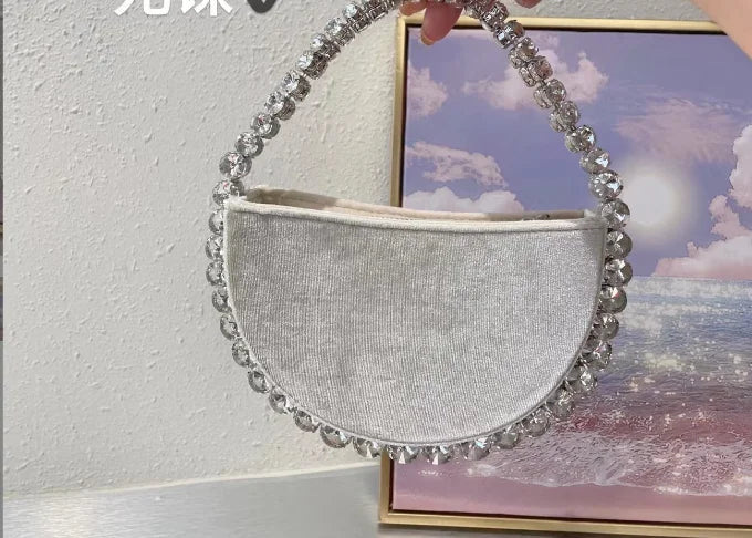 Lady Blue/Pink Diamond Circular Evening Bag Women Fushia Round Handle Rhinestone Dinner Clutch Purse Ladies Half Moon Handbags