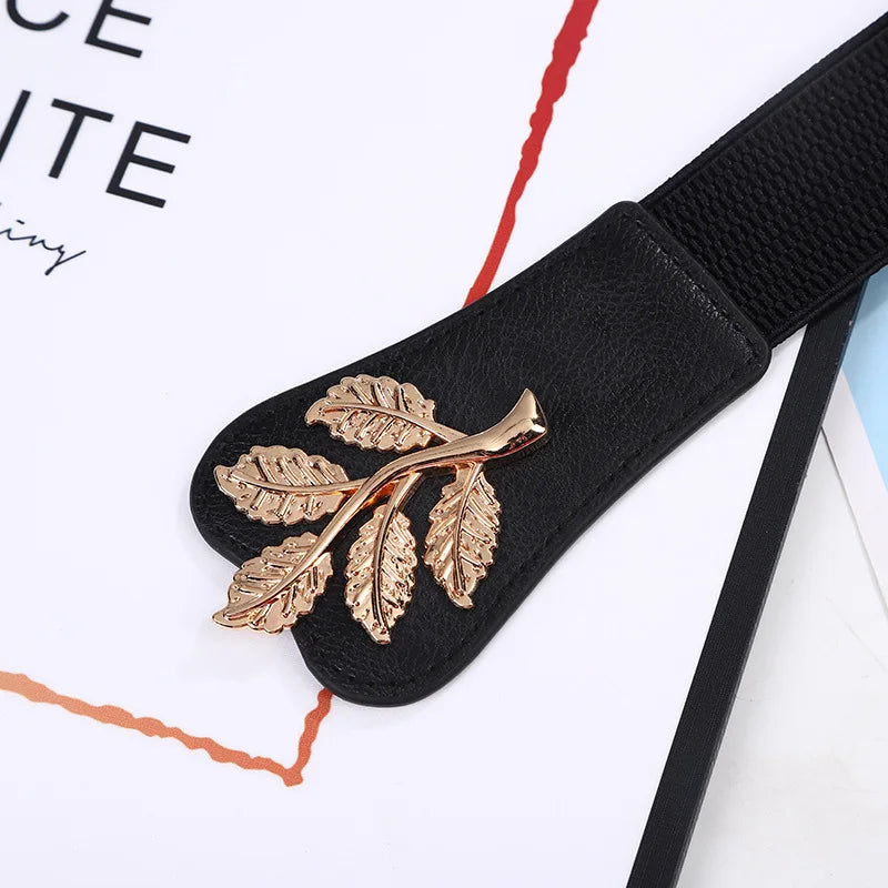 Women's Waist Cover Fashionable Gold Leaf Elastic Waist Closure With Double Hook Buckle Wide Belt Paired With Skirt Women Belt