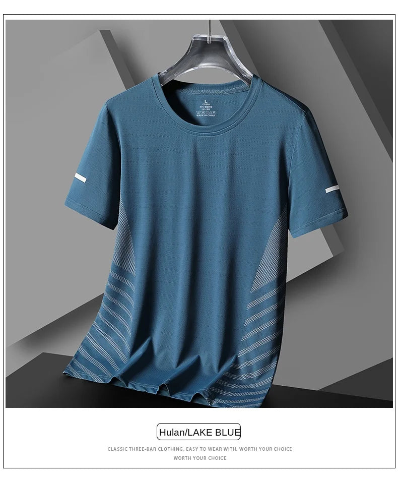 Running T-shirt Men Summer Ice Silk Thin Top Reflective Printing Quick Dry Short Sleeve Breathable Fitness Sports T-shirt 5XL