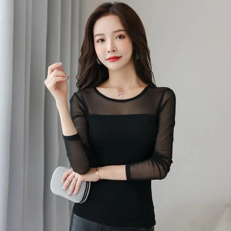 Mesh Bottoming Shirt for Women Long-sleeved T-shirt Autumn Winter New Korean Style Round Neck Slim Shirt with Tight Top Inside