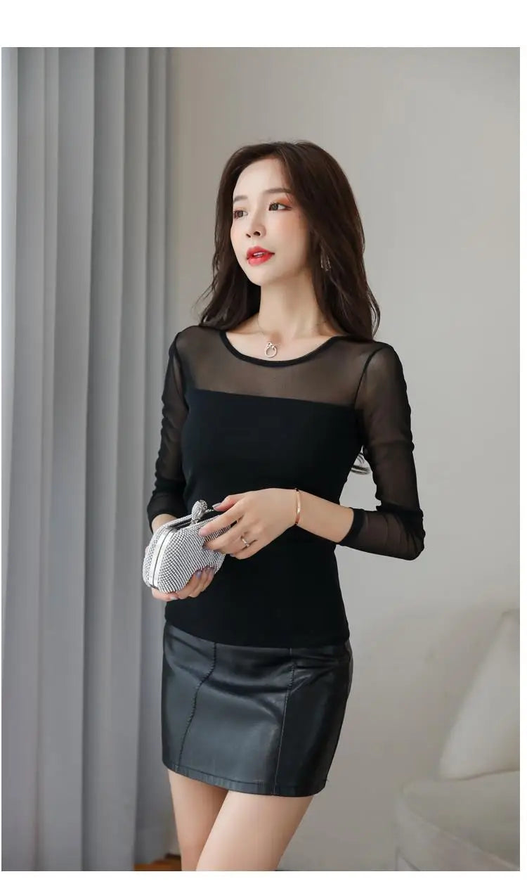 Mesh Bottoming Shirt for Women Long-sleeved T-shirt Autumn Winter New Korean Style Round Neck Slim Shirt with Tight Top Inside