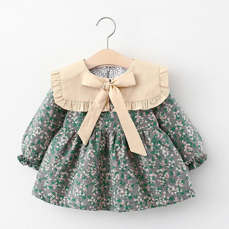 Girls' Autumn New Dress Children's Solid Large Polo Neck Long Sleeve Princess Dress Girls' Bow Spring and Autumn Dress