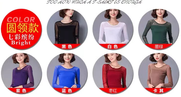 Autumn Winter Black White Bottoming Shirt Round Neck Solid Mesh T Shirt Korean Fashion Women Tops