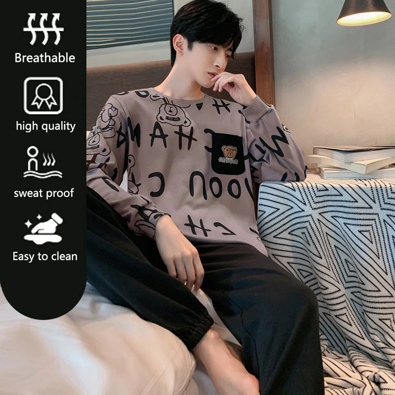 Plus Size Men Pajamas Autumn Winter Long-Sleeved Loose Leisure Cartoon Bear Striped 2PCS/Set Black O-Neck Soft Casual Loungewear