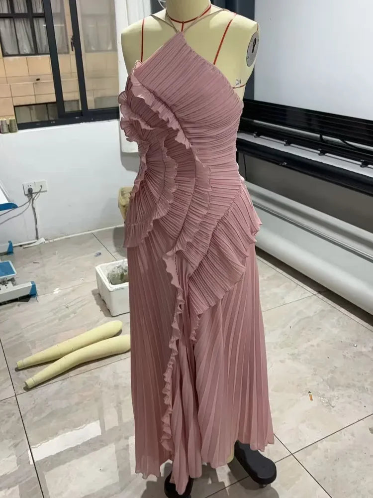 Elegant Neck Strap Ruffles Evening Gown Solid Folds A Line Lace Up Backless Sexy Party Dress 2025 New Party  Vacation Y2k Robe