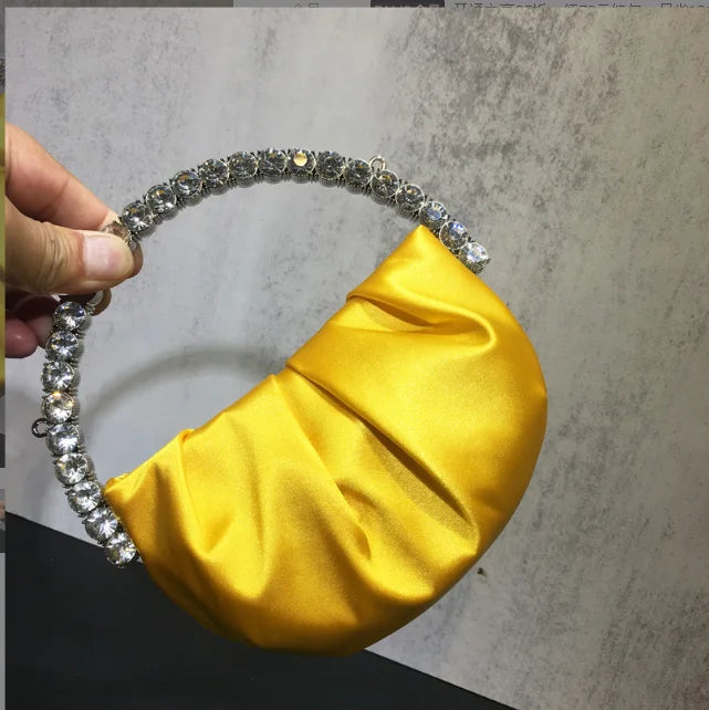Lady Blue/Pink Diamond Circular Evening Bag Women Fushia Round Handle Rhinestone Dinner Clutch Purse Ladies Half Moon Handbags