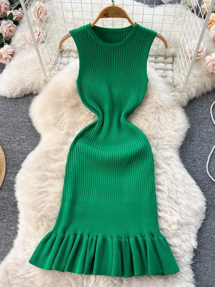 2025 Early Autumn Sexy Package Hips Ruffles Mini Dress Summer Fashion Y2K Knitted Bodycon Ladies Dress Korean Party Vestidos