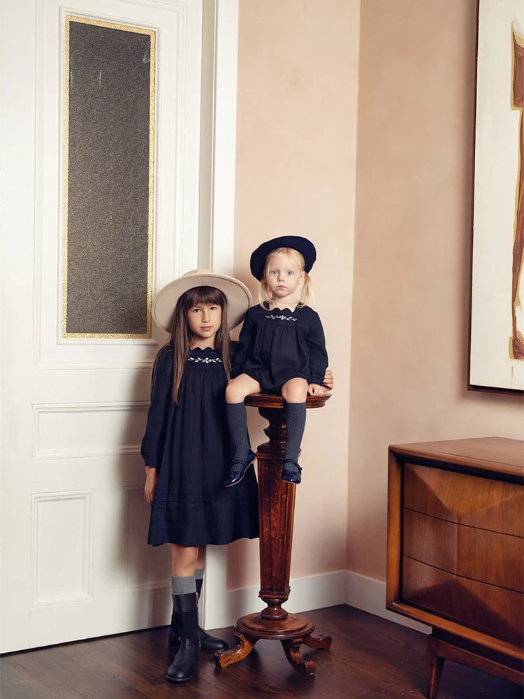 AS Great Quality Designer Shabbos Brother Sister Navy Cotton Linen Clothes with Embroidery Holiday Outfits