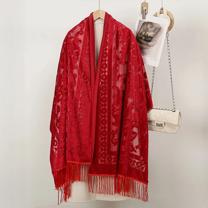 2025 NEW Fashion Women Cut Flowers Hollow Lace Gradient Flower Silk Scarf Spring Shawls and Wraps Towel Femme Beach Sjaals