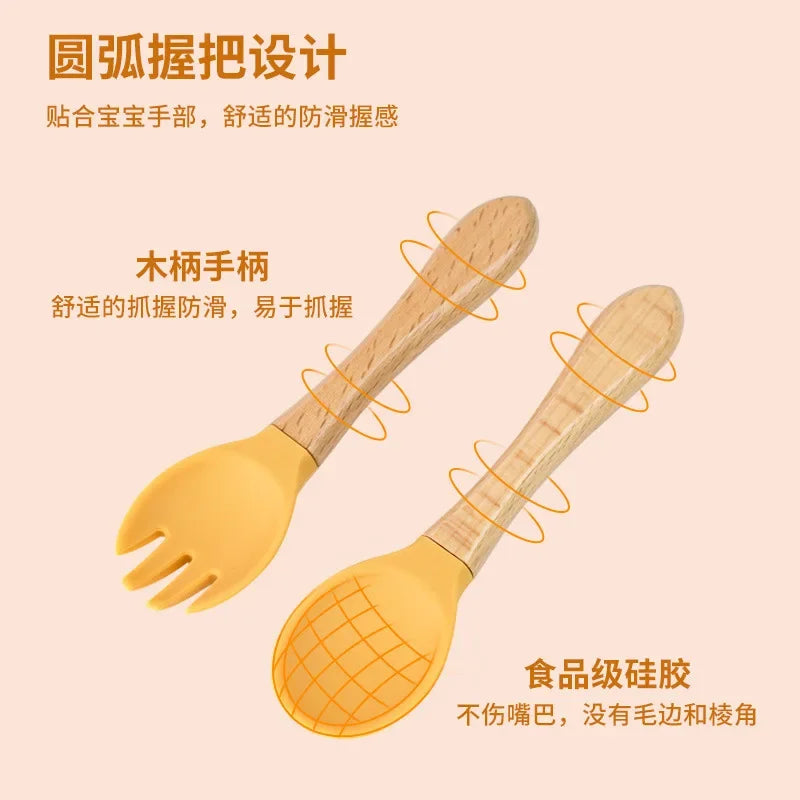 Spoons Baby Feeding Spoon Fork Wooden Handle Spoon Fork Set Soft Silicone Tip Spoon Fork BPA Free Food Grade Infant Toddlers