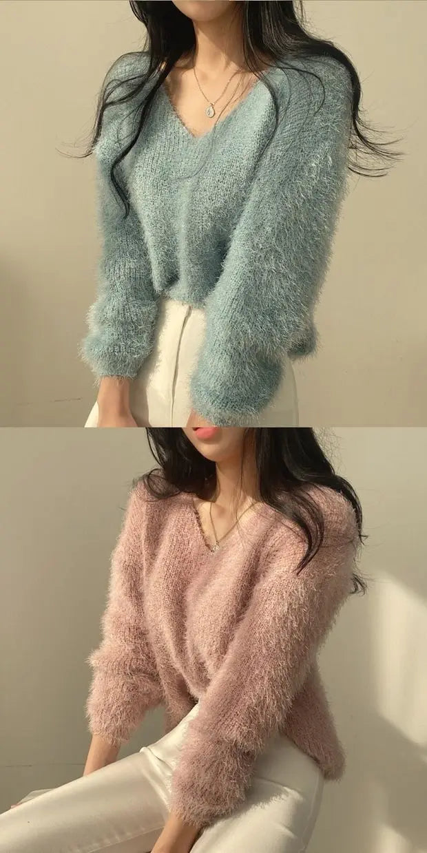 Women's Soft Cozy V-Ne Sweater Autumn Winter Faion Sweet Loose Fit Knitted Top Pink Color Trendy Ladies Sle Long Sve