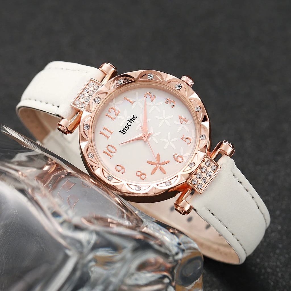 5PCS/Set Women's Watch Fashion Flowers Dial Leather Band Quartz Watches Beads Bracelet Set（Without Box）