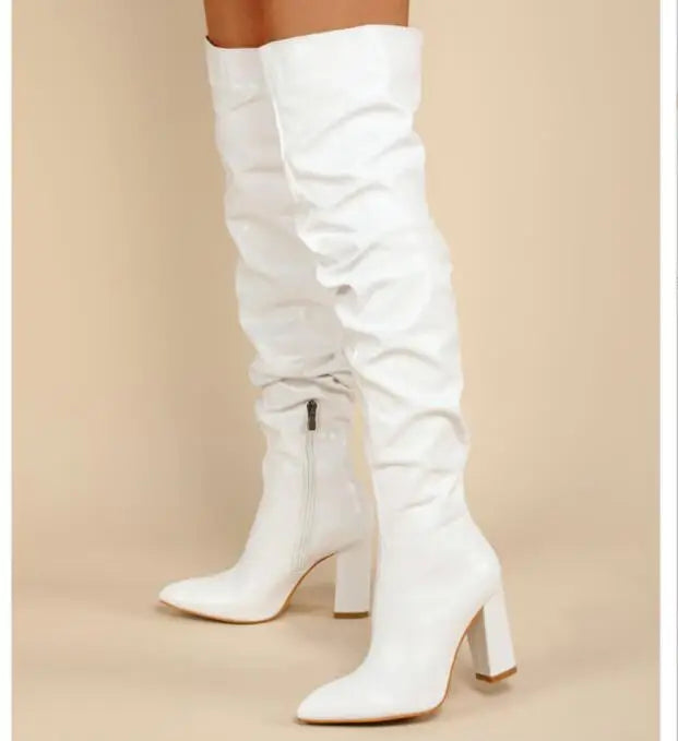 Sexy High Quality Pleated cowhide Leather Motorcycle Over The Knee Boots Women Fashion Pointed Toe Thigh High Lady Shoes Large