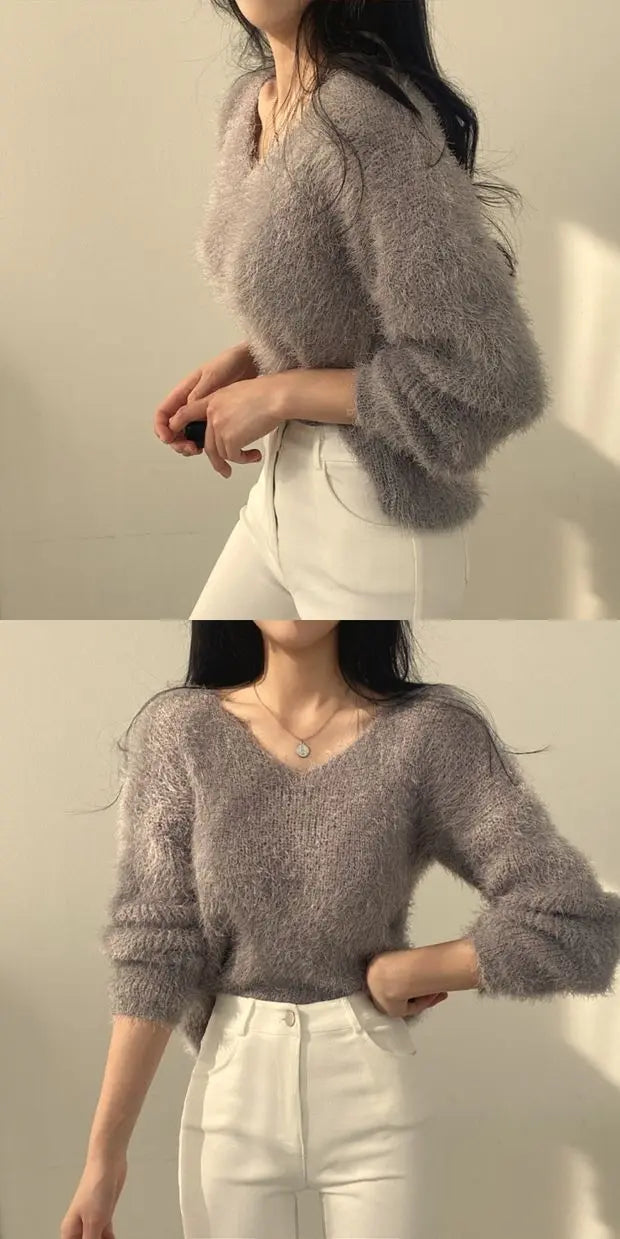 Women's Soft Cozy V-Ne Sweater Autumn Winter Faion Sweet Loose Fit Knitted Top Pink Color Trendy Ladies Sle Long Sve