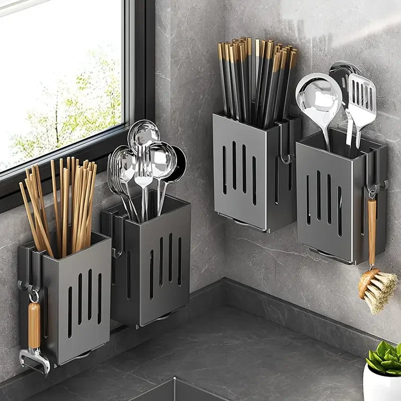 1pc/2pcs Wall-mounted Chopstick Holder Household Kitchen Sink Tableware Storage Rack Punch-free Drain with Water Tray with Hook