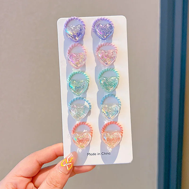 10PCS/Set Shiny Butterfly Baby Girl Hair Ropes Cute Heart Star Elastic Rubber Bands Ponytail Headflower Princess Kids Headwear