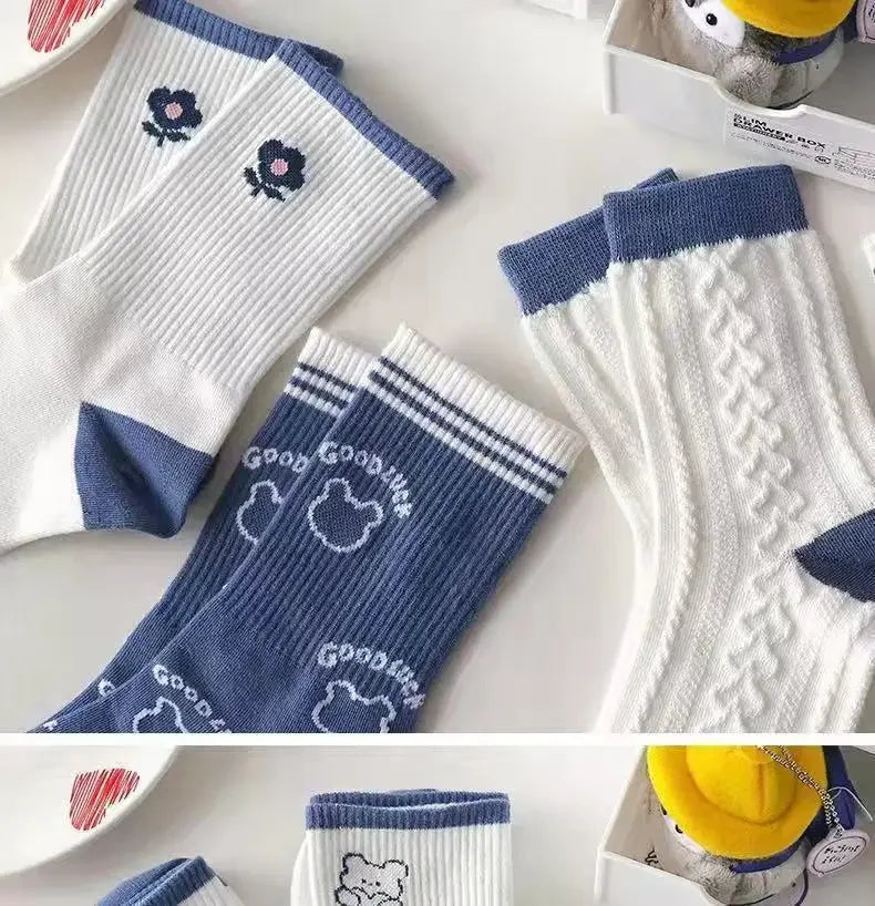 Women's Socks Warm Socks In Autumn and Winter Blue Socks Students High-top Striped Checkered Sports Stockings