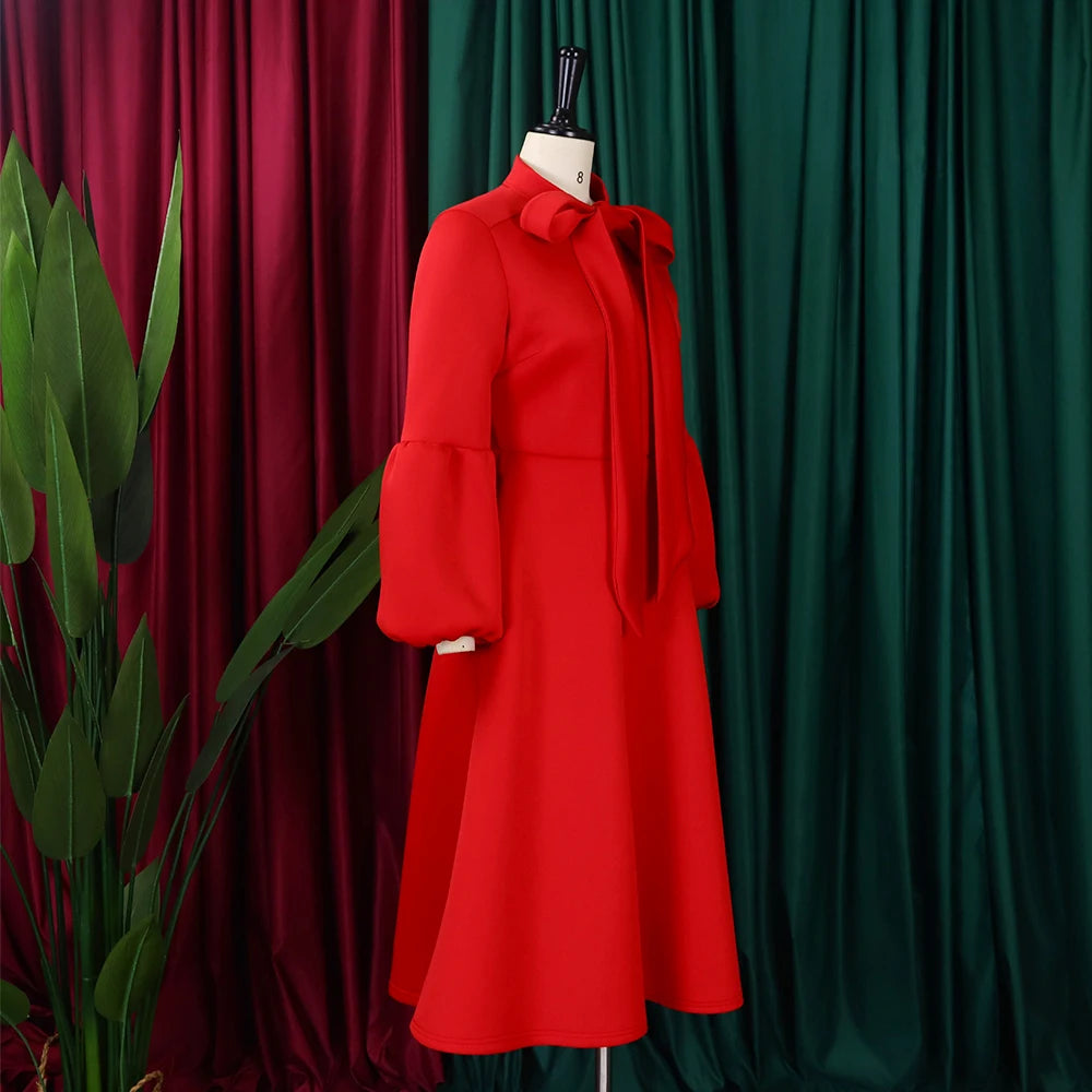 Elegant Dresses for Women Bow Collar Full Sleeve High Waisted A Line Mid Calf Luxury Female Birthday Party Dinner Vestidos Mujer