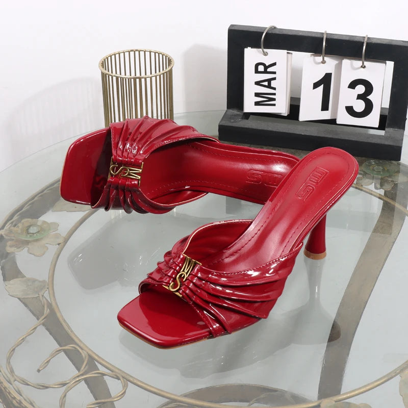 High heels 2025 summer new pleated slippers square toes metal fashion open toe sexy luxurious banquet sandals Heel height 9CM