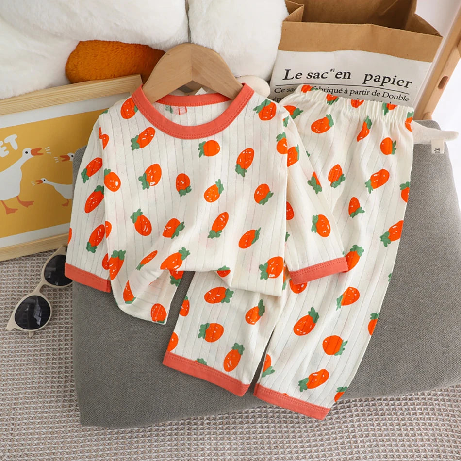 Spring Winter Kids Long Sleeve and Pants Pajamas Set Soft Breathable Baby Sleepwear Cartoon Bear AC Room Wear Boys Girls Clothes