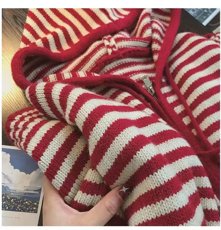 Oversized Knitted Striped Hooded Cardigan Women Autumn Winter Loose Casual Zipper Sweaters Versatile Knitting Outerwear