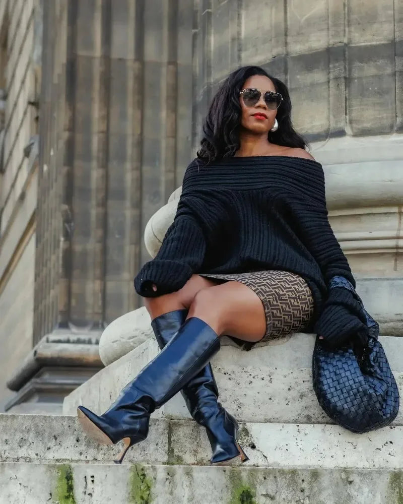 Tuularose Women's Off-Shoulder Sweater Fashion Loose Casual Brown Retro Pullover Spring High Street Office Lady Tops Knitwear