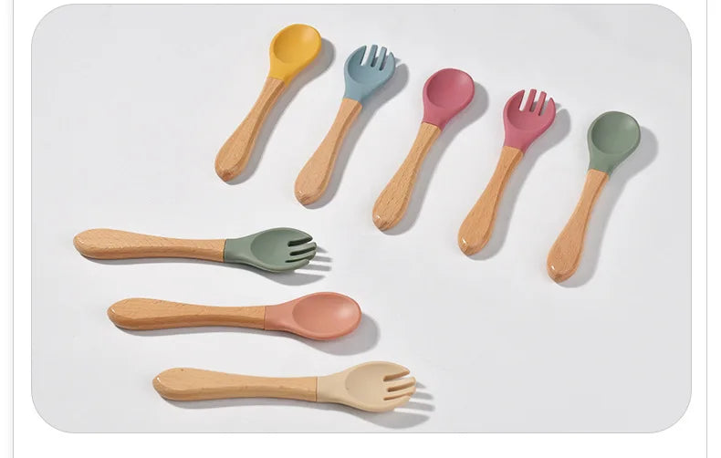 Spoons Baby Feeding Spoon Fork Wooden Handle Spoon Fork Set Soft Silicone Tip Spoon Fork BPA Free Food Grade Infant Toddlers