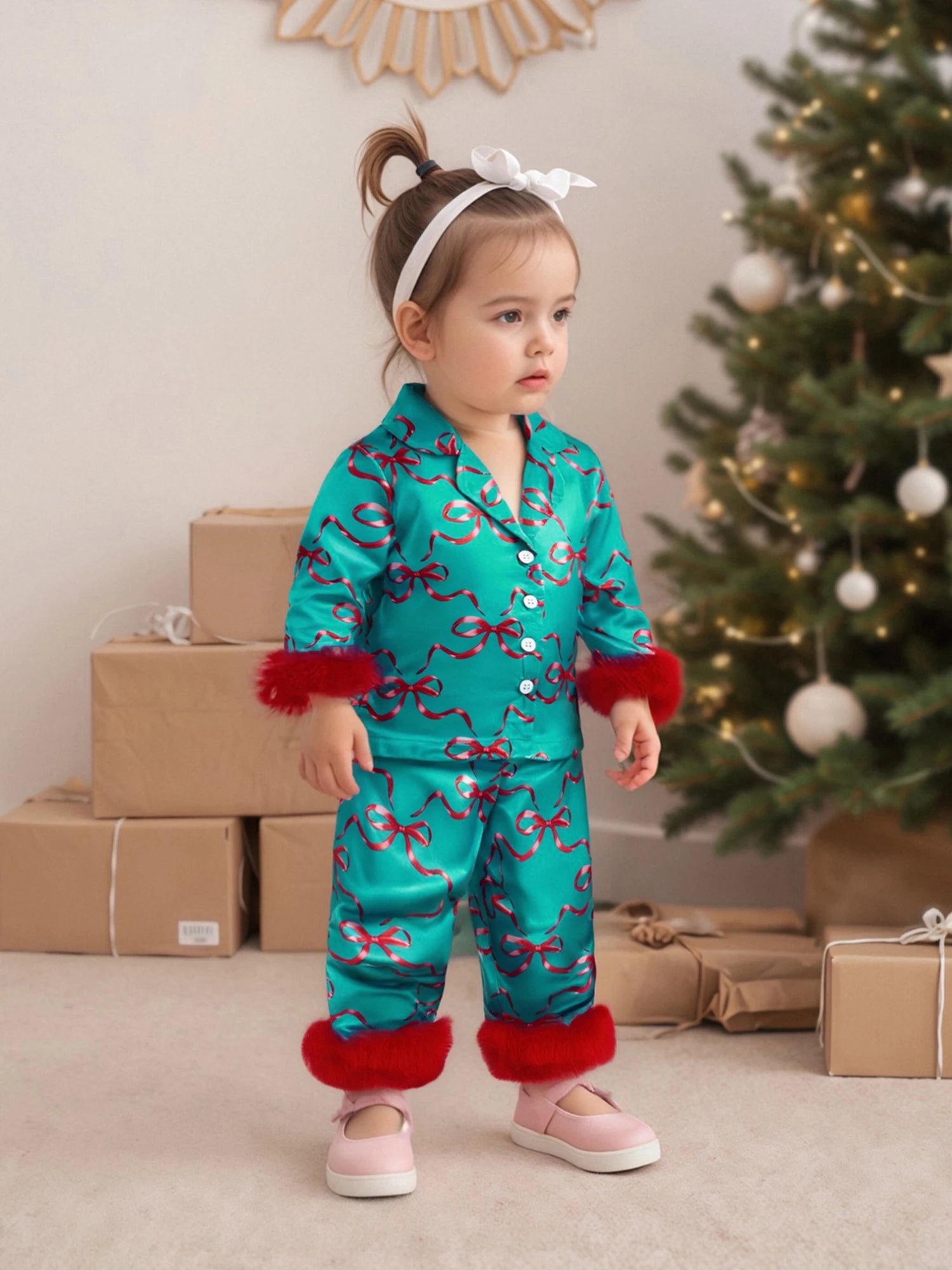1-7T Baby Boy Girl Christmas Silk Pajamas Set Button Down Deer Santa Long Sleeve Shirts Tops and Pants Satin Pj Sets