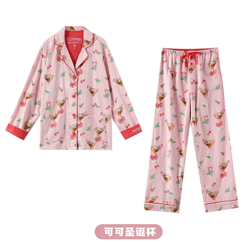 Autumn Winter Women PJS Cotton Ground Wool Sleepwear Warm Thick Cartoon Long Sleeve Pants Pajamas Ladies Homewear Month Clothes