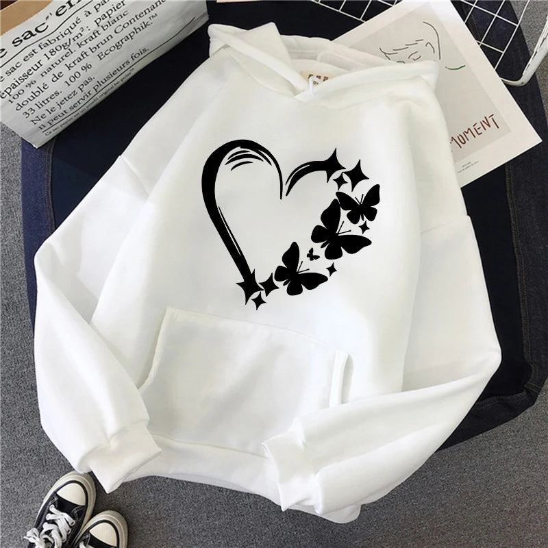 Combination of Love and Butterfly Pattern Long Sleeve Hoodies Women's Trendy Pocket Sweatshirt  Vintage Y2k Hooded Clothing