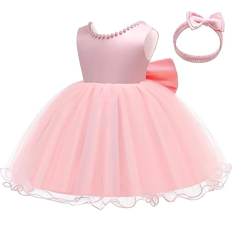 Infant Baby Tulle Backless Pageant Wedding Party Flower Girls Big Bow Dress With Headwear For Toddler Baptism Birthday Prom Gown