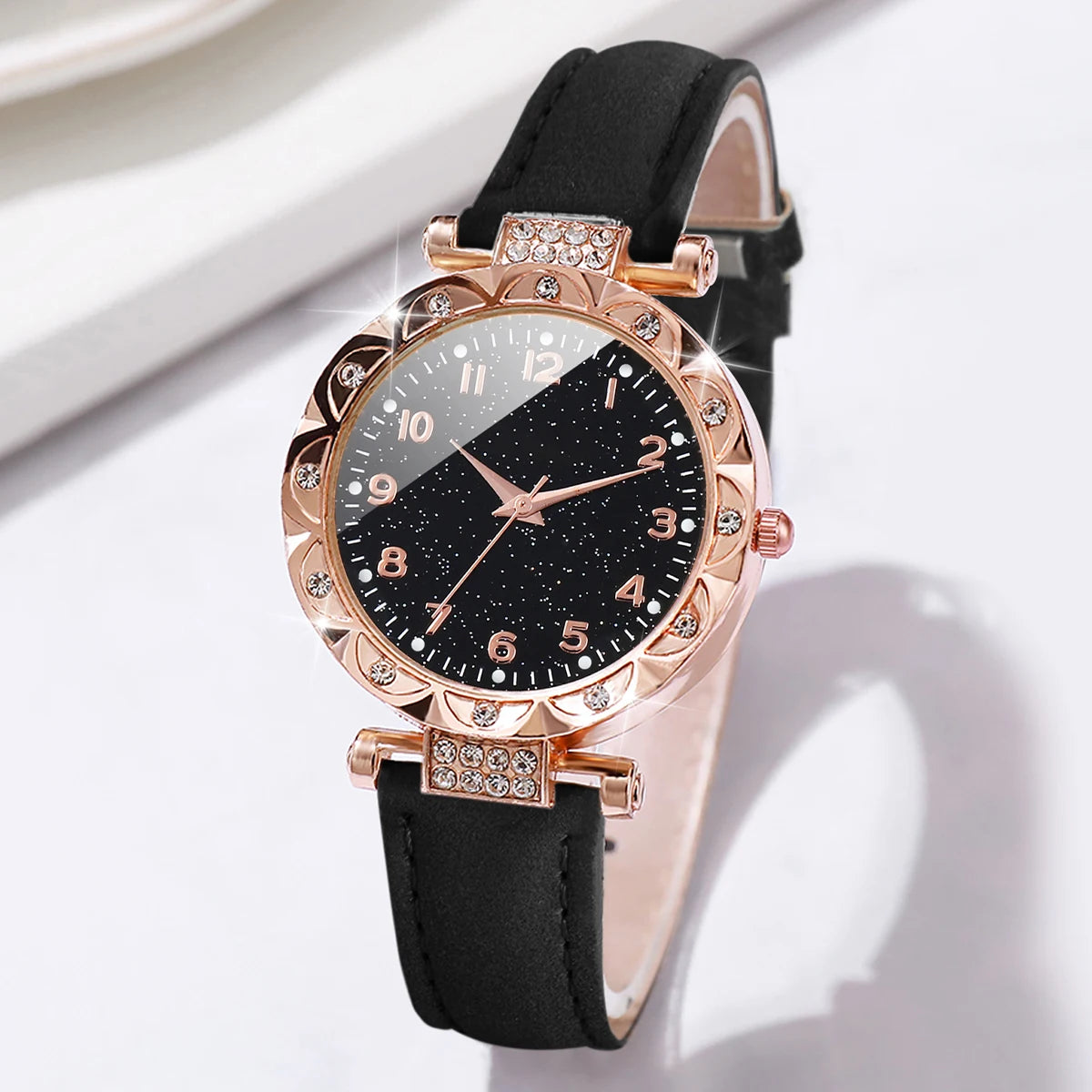5PCS/Set Women's Watch Fashion Rhinestone Leather Band Quartz Watch Beads Bracelets Set(Without Box)