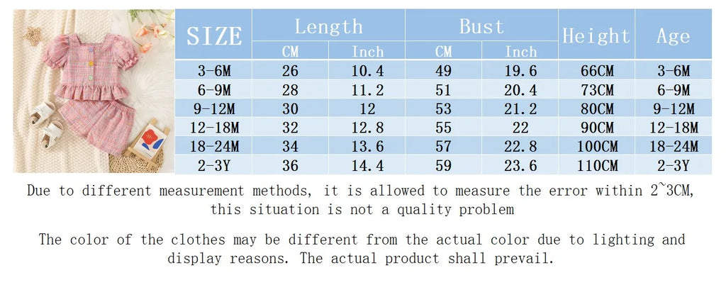 (0-3 Years Old) Summer Baby Girl Cotton Color Plaid Bubble Sleeve Top And Shorts Set Cute Princess Style Two-Piece Set For Girls