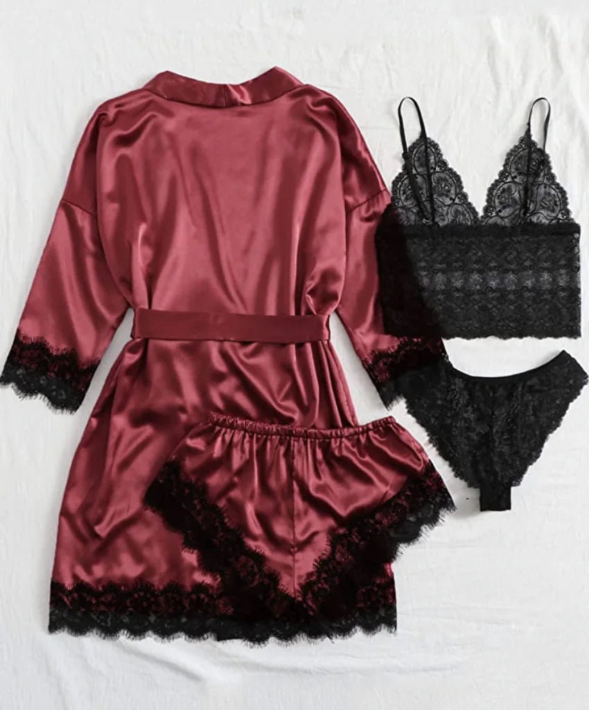 new Women's Sleep Lounge New Pajama Sets European American 4-piece set with lace satin suspender summer set for sleeping pajamas