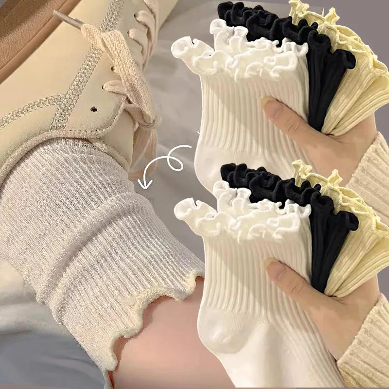 Fashion New Ruffle Socks for Women Mid Crew Middles Tube Ankle High Breathable Cotton Socks Black White Beige Female Cute Sock