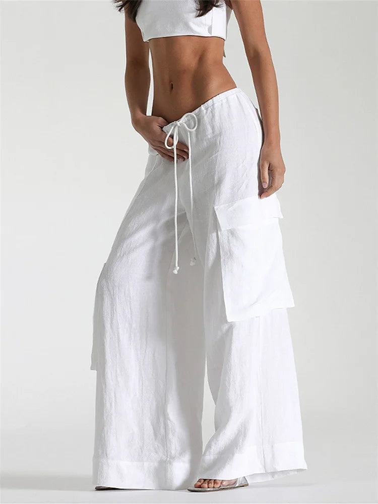 Women's Loose Cargo Pants Solid Color Drawstring Wide Leg Trousers with Pockets Casual Sweatpants Streetwear
