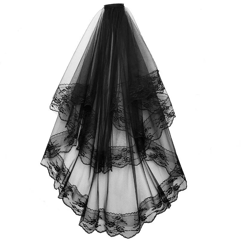 Women Halloween Bridal Wedding Veil with Lace Edge Marriage 2 Tier Tulle Bridal Veils