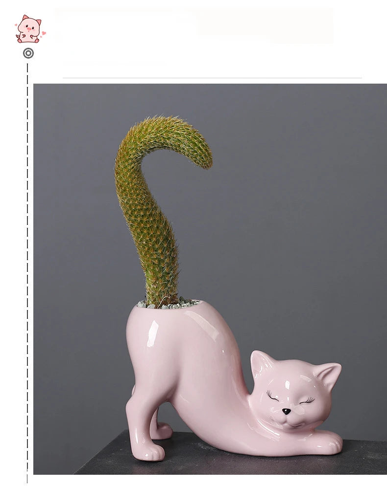 Cartoon Cat Flower Pot Vase Cute Cat Tail Succulent Planting Pot Porcelain Flower Vase Flowerpot Home Decoration Accessories