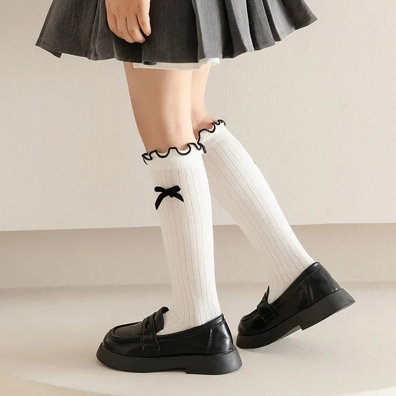 1 Pair Chic Simplicity Kids Girl Sock Sweet Fashion Bow Ruffle Bow Children Girl Calf Sock Spring Autumn Cotton School Sock