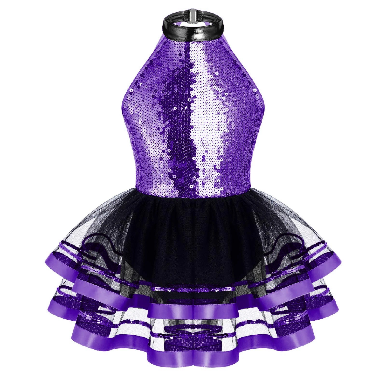 Jazz Dance Costume Kids Halter Shiny Sequins Gymnastics Unitards Dress Girls Ballet Leotard Tutu Stage Performance Clothing
