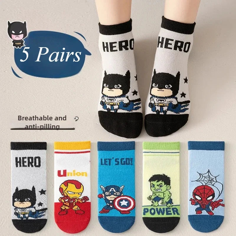 5 Pairs Spiderman Cotton Children's Socks iron Man Hulk Thor Anime kids Boys Short Socks Cartoon Baby Spring Summer Short Socks