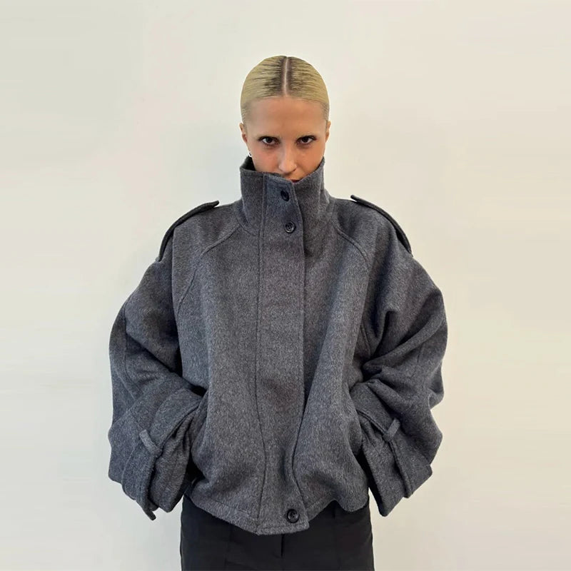 Elegant Women's Short Woolen Coats Stand Collar Double Breasted Long Sleeve Female Jacket 2025 Autumn Winter Lady Warm Outwear