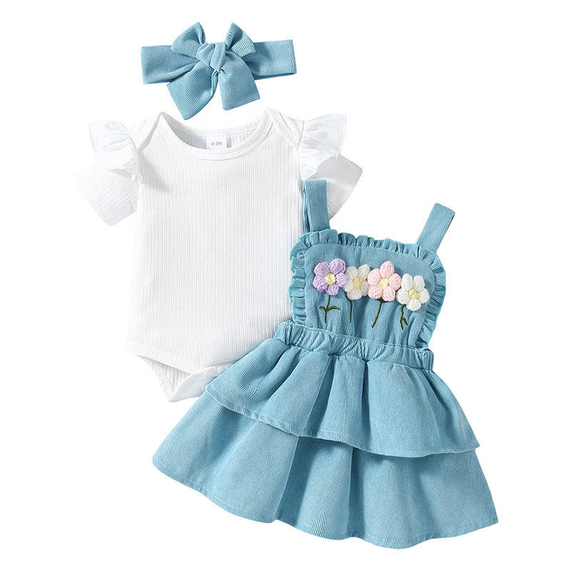 Pudcoco Baby Girls Summer Outfit Short Sleeves Rompers and Crochet Flowers Suspender Skirt Headband 3 Piece Clothes Set 0-18M