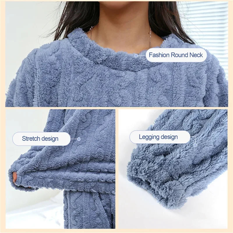 Soft Coral Velvet Jacquard Warm Pajama Set for Women Cozy Loungewear Outerwear for Winter Christmas Valentine's Day Gift ﻿