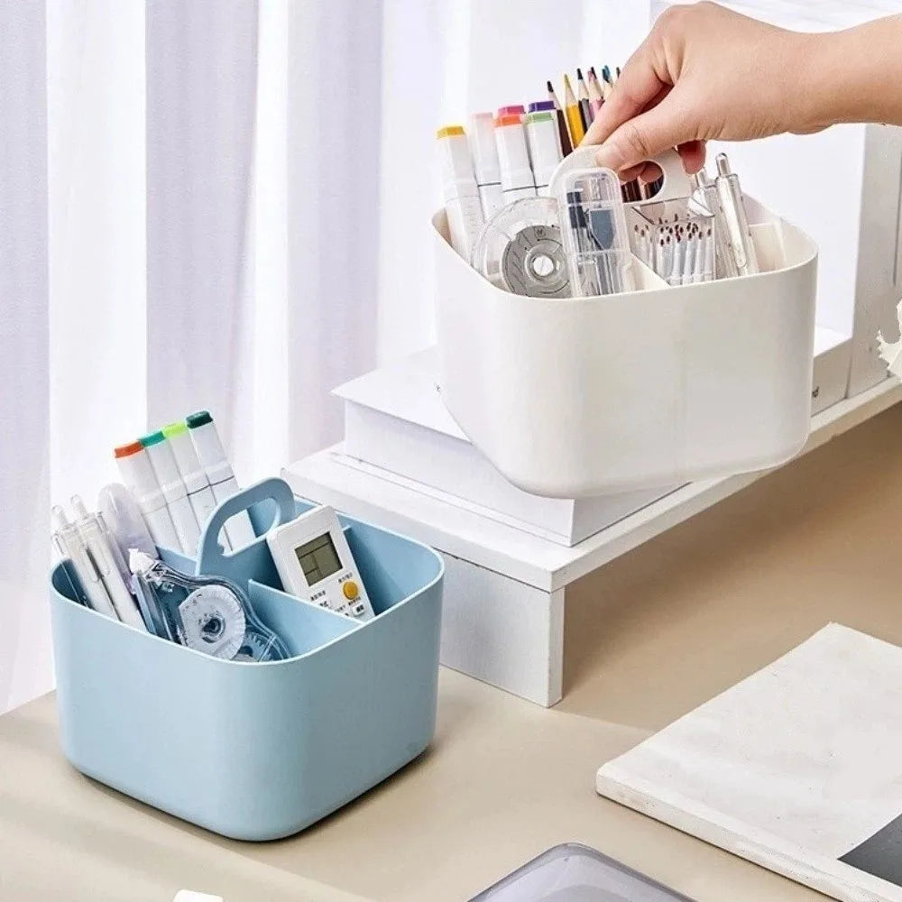 Plastic Cosmetic Organiser Multi-compartment with Handle Split Pen Organiser Divider Sorting Desk Storage Basket Office