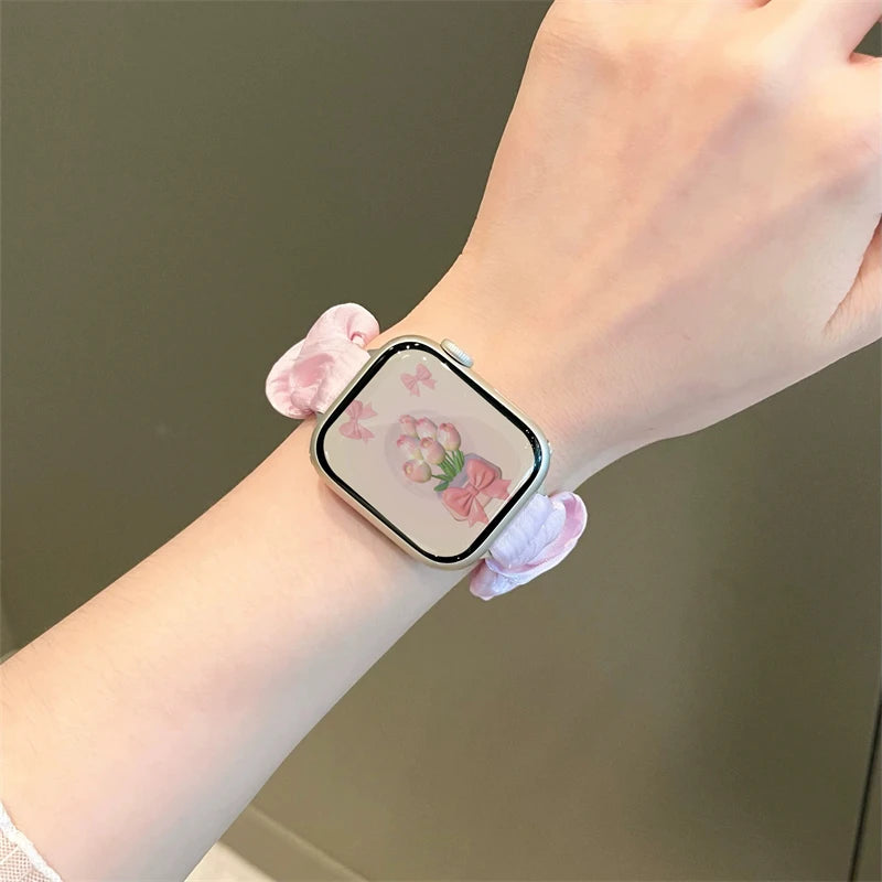 INS Chiffon Ice Silk Elastic Scrunchie Strap For Apple Watch 7 8 6 5 4 Slim Girl Band Loop Bracelet For iWatch 41mm 40 44 45 49